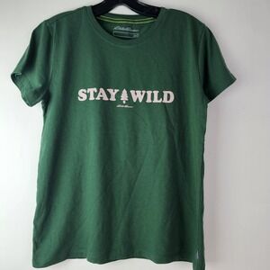 Eddie Bauer Womens Sz S Green Pink Stay Wild Nature Graphic Short Sleeve T-Shirt